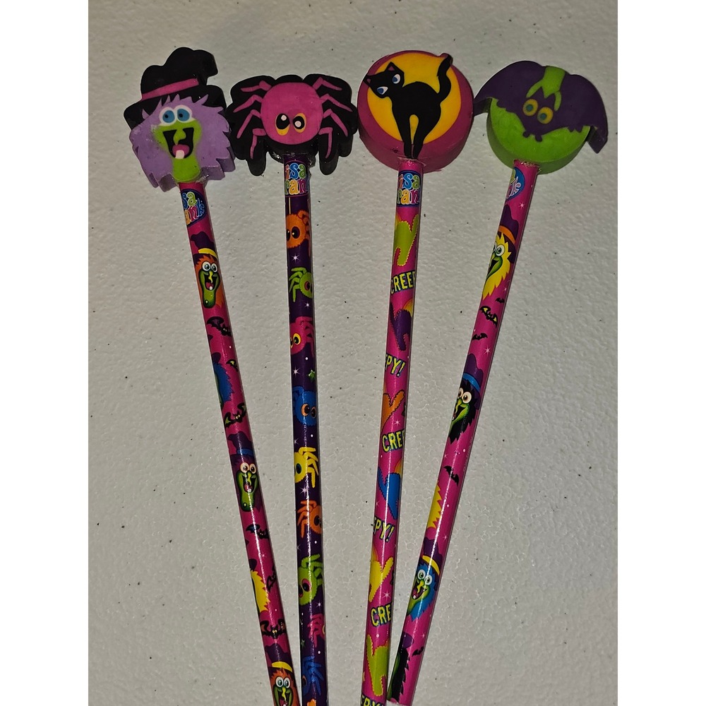 Lisa Frank Set Of 4 Halloween Pencils & Erasers Cat Spider Witch Bat